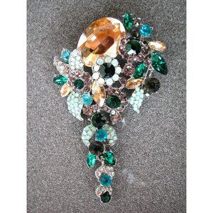 Vintage Rhinestone Floral Brooch With Multicolor Gemstones & Silver-Tone Metal
